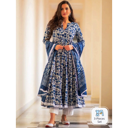 Floral Printed Anarkali Kurta & Trousers With Dupatta