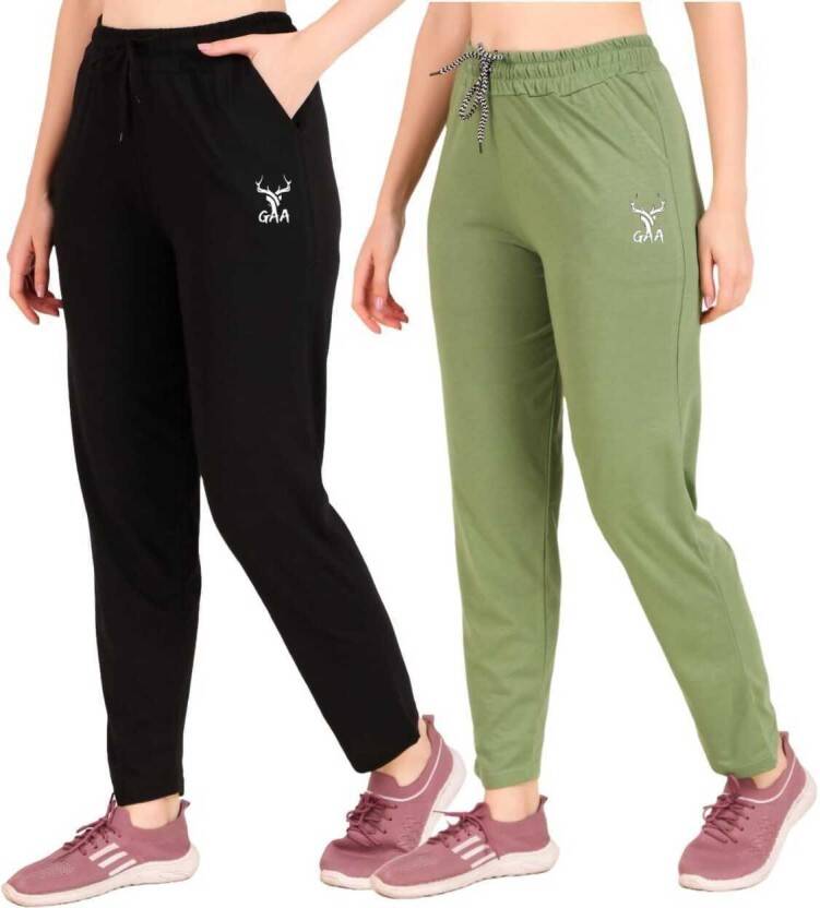 Pack of 2 Women Solid Black, Light Green Track Pants