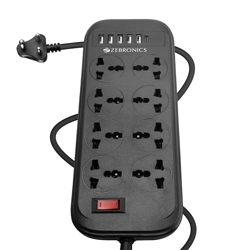 ZEBRONICS Power BAR 282,Extension Board/Strip,2500 Watts,10 Amps,1x Type C Port(15.5W),8X Universal Socket,4+1 USB Port(15.5W),On/Off Switch,Overload Protection,Wall Mountable,2 Meter,Grey