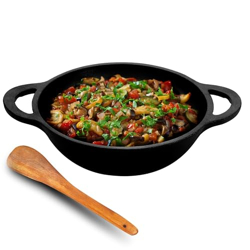 Lifelong Cast Iron Kadhai 24cm with Wooden Spatula | 3.3L, 2.4kg | Pre-Seasoned with Even Heat Distribution, Toxin & Teflon Free, Non-Stick, & Durable | Perfect for Cooking, Searing & Stewing
