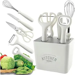 Mirramor Stainless Steel 6-Piece Kitchen Gadgets Set, Kitchen Scissors, Kitchen Utensils Set with Holder, Paring Knife, Whisk, Bottle Opener, Peeler- Anti-Slip Handle, Decorative Base, White