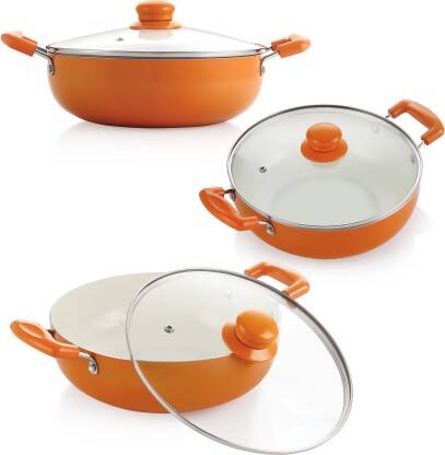 NIRLON Ceramic Coated Aluminum Kadai with Glass Lid 3pcs Set Induction Bottom Non-Stick Coated Cookware Set(Aluminium, 3 - Piece)