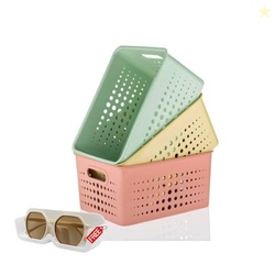 RUSHIL WERE 3 Pieces Plastic Storage Basket | Free 1 Wall Eyeglasses Holder | Multipurpose | For Wardrobe, Fruits & Vegetables, Stationary Items | 25.2 x 19.2 x 12.2 cm | Multicolor | Pack of 3