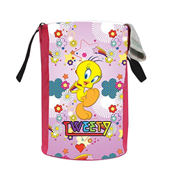 PrettyKrafts 45L Polycotton Tweety Printed Round Foldable Large Laundry Bag/Basket With Handles, Freestanding Clothes Storage Toy Organizer for Bedroom (36x36x45cm, Pink, Set of 1)