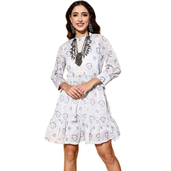 ishin Women's Mini Cotton Blend Embellished A-Line Tiered Dress