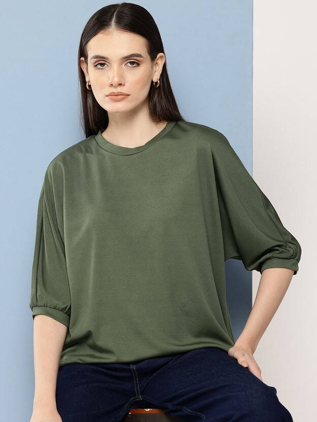 Casual Extended Sleeves Solid Women Green Top