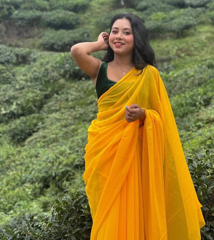 Solid/Plain Bollywood Georgette Saree(Yellow)