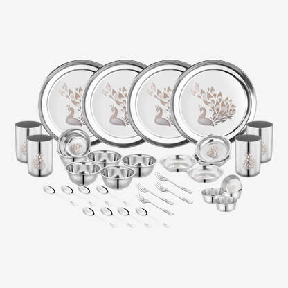Classic Essentials Pack of 32 Stainless Steel Dinner Set|Serves 4 People|Heavy Gauge|Kitchen Set|Permanent Laser-Peacock Dinner Set(Silver)