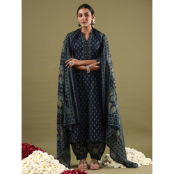 Ethnic Printed Mandarin Collar Pure Cotton Straight Kurta with Salwar & Dupatta
