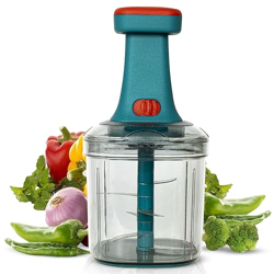 KITMOUS Manual Hand Press Push Chopper with 6 Blades for Effortless Chopping Vegetables & Fruits (900 ml, Multicolour Plastic with Stainless Steel Blades)