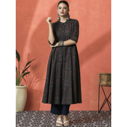 Floral Printed Mandarin Collar Three-Quarter Sleeves Panelled A-Line Kurta