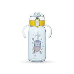 Attro Teddu 550ml Cute and Convenient Cartoon Printed Kids Tritan Water Bottle with Two Side Handles, Strap & Straw Lid BPA-Free,Leak-Proof-Perfect for School,Sports and Travel-White