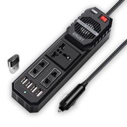 CRUST N80 Car Laptop Charger Power Inverter 200W; 12V DC to 220V AC, 3 AC Outlets, 4 USB Ports + 15W Type C Adapter, Rapid Cooling Fan, External Fuse, 6 Layers of Protection