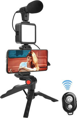 NVIRAV VLOGGING VIDEO MAKER KIT WITH MICROPHONE FOR VIDEO RECORDING WITH LIGHT Tripod Kit(Black, Supports Up to 1500 g)