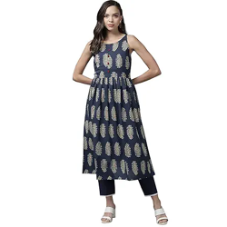INDO ERA Women's Cotton Embllished A-Line Kurta/Kurti (Blue_KT0BL4154_XS to 2XL-Size)