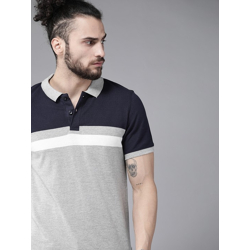 Men Grey Melange & Navy Blue Colourblocked Polo Collar T-shirt