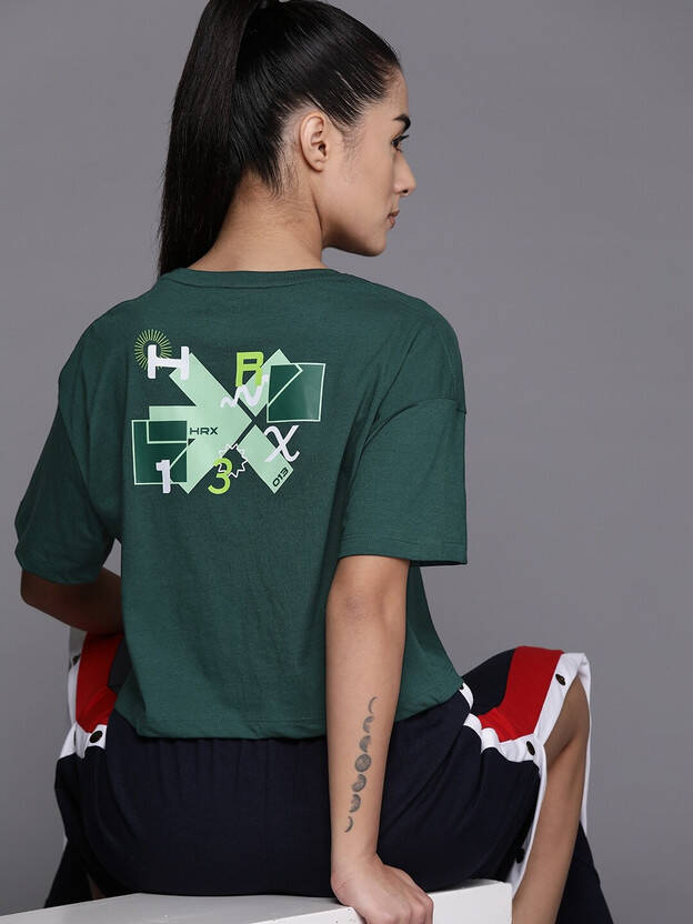Women Printed Round Neck Cotton Blend Green T-Shirt