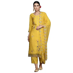 INDO ERA Women's Embroidered Silk Blend Calf Length Straight Kurta Trouser with Dupatta Set
