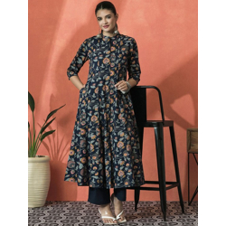 Floral Printed Mandarin Collar Panelled Pure Cotton A-Line Kurta