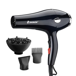 SHINON SH-9912 Professional Hair Dryer 6000 Watts 3 Heat Setting (Hot/Cool/Warm) 2 Speed Setting with Styling Nozzle Concentrator, Diffuser & Comb Nozzle, 2 Combs Styling Tool cool & hot Air, Black