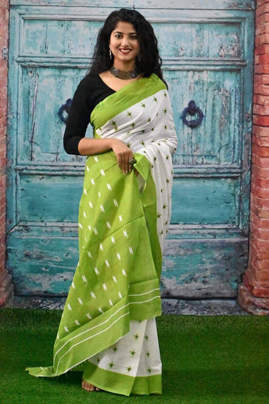 Printed Daily Wear Pure Cotton Saree(Green, White)