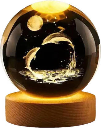 carempire 3D Night Light - Modern Ball Lamp | 3D Inner Carved Lighting Crystal Ball Table Lamp(8 cm, Dolphin Looking at the Moon)