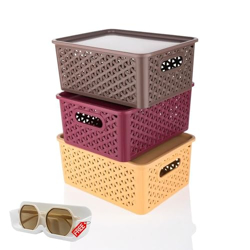 RUSHIL WERE Multipurpose Solitaire Storage Basket with Lid | Free 1 Wall Eyeglasses Holder | Strong Plastic Material & Side Grip | Size Small 25 x 19 x 10.5 | Multipurpose | Pack of 3 | Multicolor