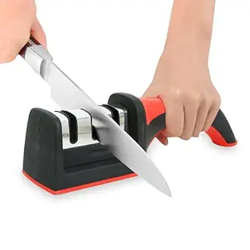 GLUN 3 in 1 Knife Sharpener with Easy-Grip Handle and Non-Slip Rubber Base, 3-Stage Sharpening Tool forAll Types of Ceramic Knives and Steel Knives
