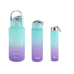 CELLO All Day Plastic water bottles | 3 pcs | 310ml, 790ml, 2085ml | BPA Free | Leakproof lid | Easy to hold handle | Time Marked Water Lines | Hydration bottle for gym, school, & office | Sea Green