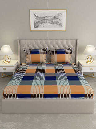 Raymond Home 100 TC Microfiber Double Geometric Flat Bedsheet(Pack of 1, Blue)