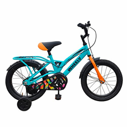 Wheely Crush 16T Kids Bike, 10 Inch Frame, Blue, Single Speed Steel Frame Bike with Support Wheels & Rear Carrier, Ideal for 5-7 Years Unisex, Height 3-4 feet