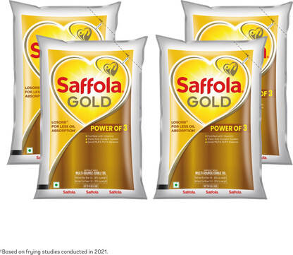 Saffola Gold| Power of 3 | Blend of Rice Bran and Sunflower Pack Blended Oil Pouch(4 x 1 L)