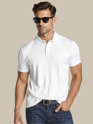 Men Solid Polo Neck Cotton Blend White T-Shirt