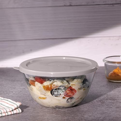 Iveo Borosilicate Glass Mixing and Serving Bowl, Microwave Safe Bowl with Lid Mix Max | for Mixing, Cooking in Oven | Serving Bowl | Storage Bowl with Lid | 1500 ml, Round, 1 Pc, Beige