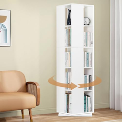 ABOUT SPACE Rotating Book Shelf for Home Library - 5 Tier 360 Book Rack | DIY Wooden Book Stand with Partition & Bottom Turnplate for Office, Livingroom, Bedroom (White - L 38 x B 38 x H 150 cm)