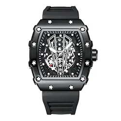 Silicone MenS Analogue, Non Mechanical Watch Carbon Fiber Case Hollow Skeleton Dial Waterproof Luminous Fashion Watch For Men, Red (Color May Vary)