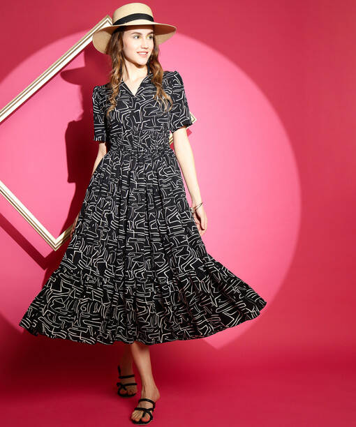 Women Fit and Flare Black, White Midi/Calf Length Dress
