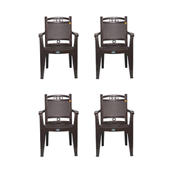 Prima Plastic Chair for Living Room | Set of 4 | Chair for Home, Living Room, Outdoor | Stackable Chair with arm | 100% Virgin Plastic | Quikr 3 (Weather Brown Colour)