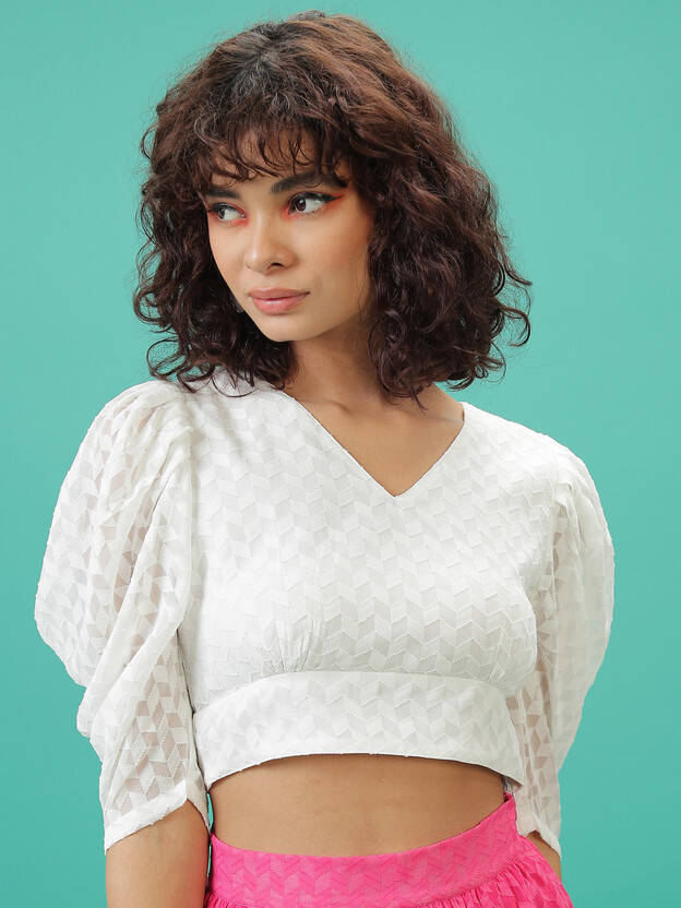 Casual Puff Sleeves Solid Women White Top