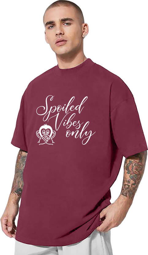 Men Printed, Typography Round Neck Cotton Blend Maroon T-Shirt