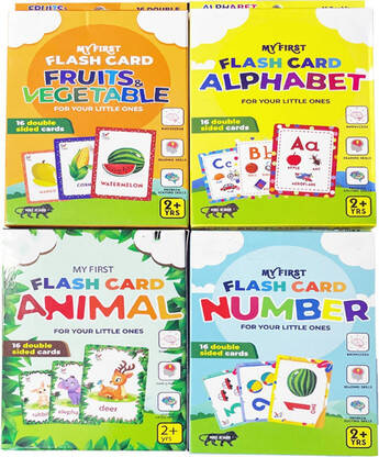 Kiddie Castle My Flash Card Pack of 4 Alphabet, Numbers, Animal, Fruits and Vegetables 64 cards(Multicolor)