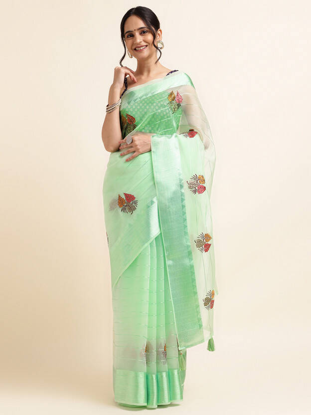 Embellished, Embroidered Bollywood Organza Saree(Green)