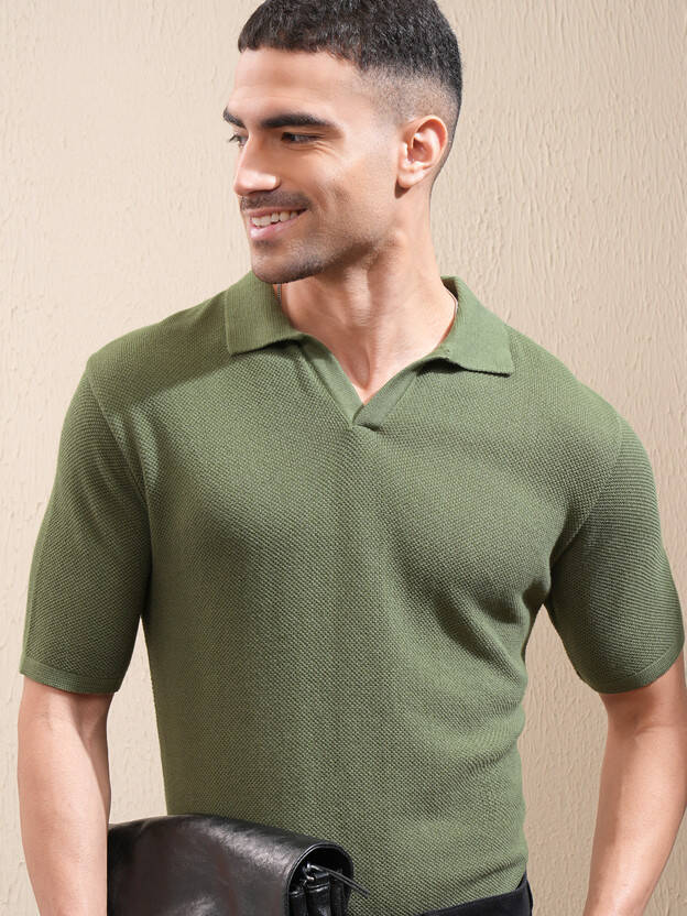 Men Self Design Polo Neck Cotton Blend Green T-Shirt