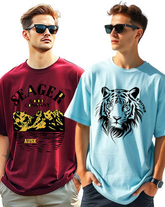 Men Printed Round Neck Cotton Blend Light Blue, Maroon T-Shirt