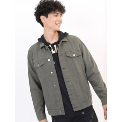 Men Olive Green Solid Denim Jacket