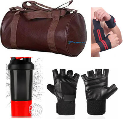 EMMKITZ brown gym bag with spider bottle with wrist support & gym gloves Home Gym Kit Fitness Accessory Kit Kit