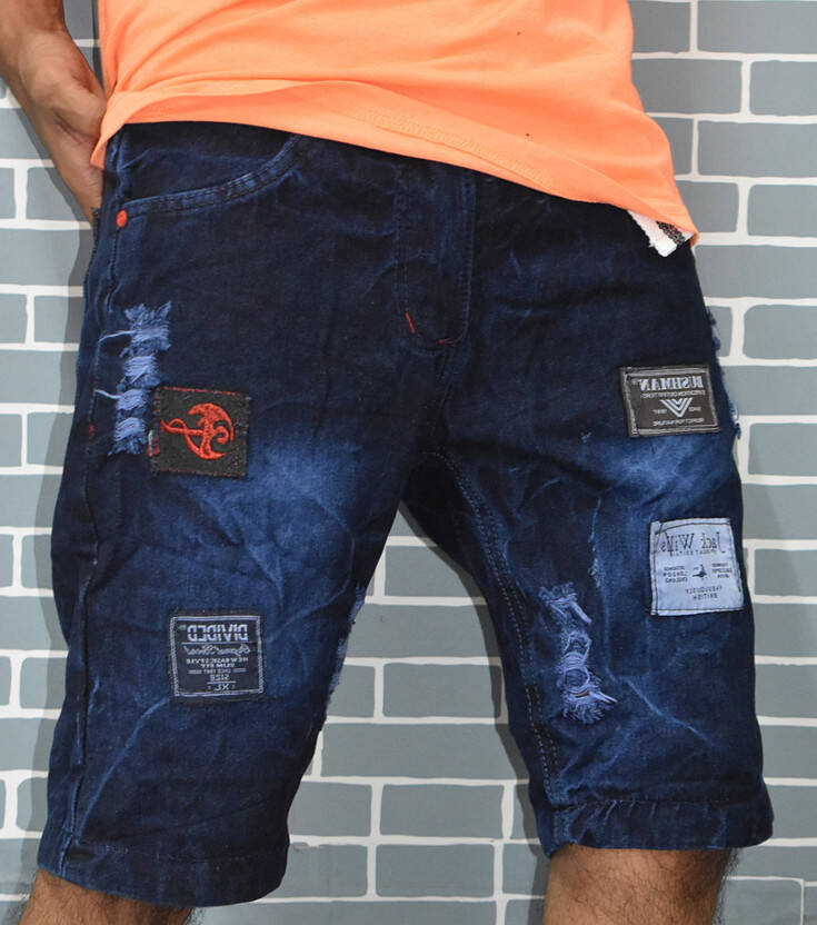 Self Design Men Denim Blue Denim Shorts