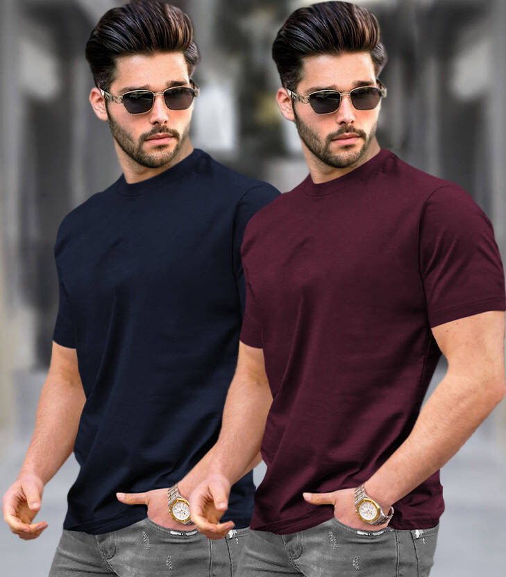 Pack of 2 Men Solid Round Neck Cotton Blend Multicolor T-Shirt