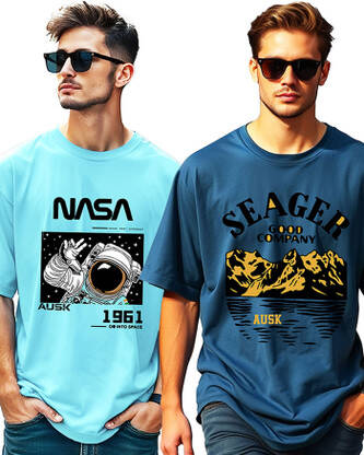 Pack of 2 Men Printed Round Neck Cotton Blend Dark Blue, Light Blue T-Shirt