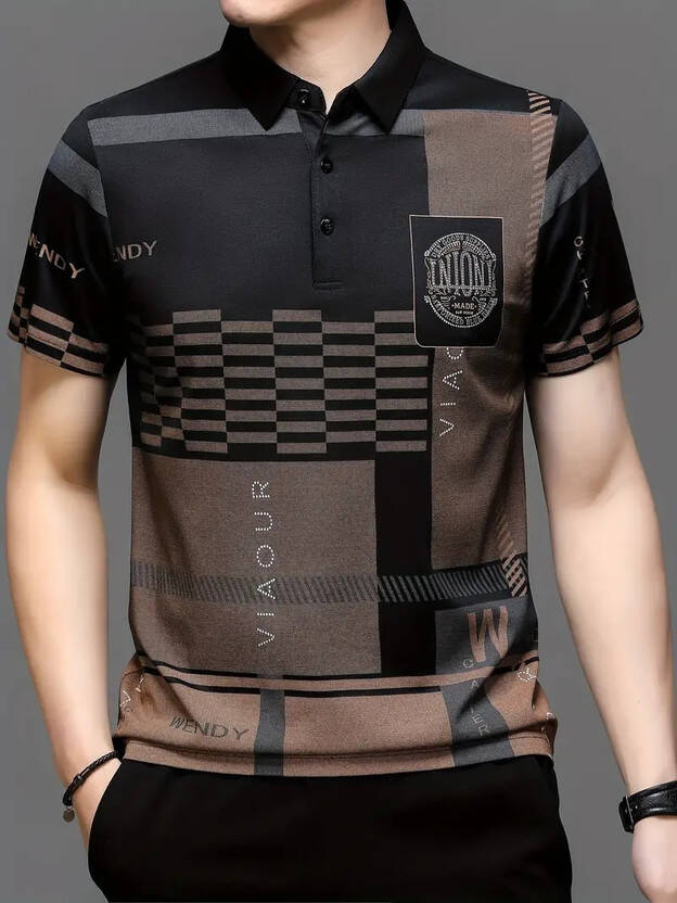 Men Geometric Print Polo Neck Pure Cotton Black T-Shirt